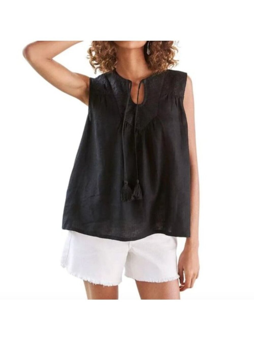 THE WHITE COMPANY‎  Black Linen Notch Neck Sleeveless Top Size 6